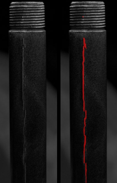 Pezzo con cricca longitudinale, a destra la cricca segmentata in rosso
